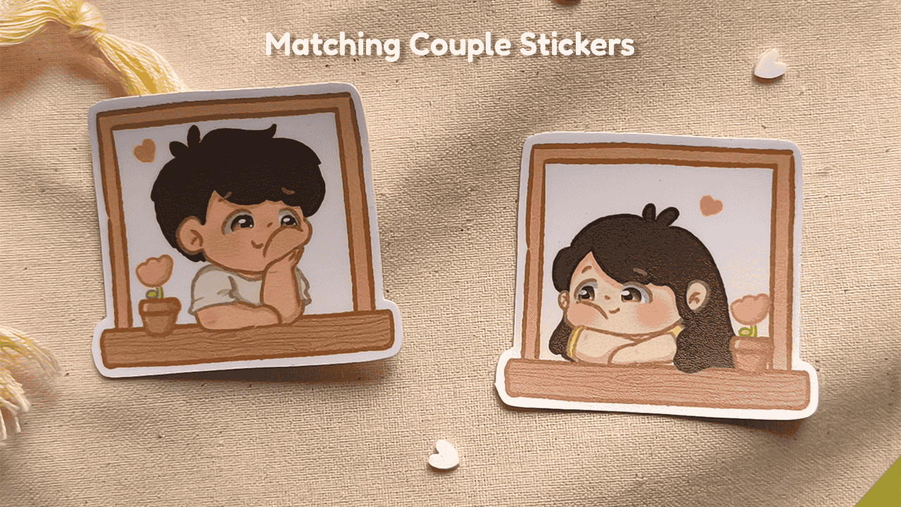 Two cartoon stickers of a boy and girl looking at each other with 'Matching Couple Stickers' text