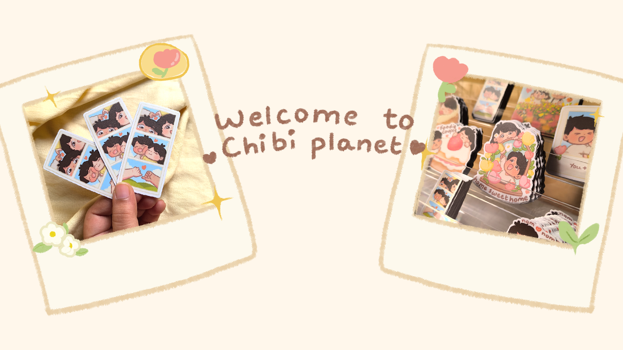 Two Polaroid-style photos with cartoon characters and text 'Welcome to Chibi planet' on a light background.
