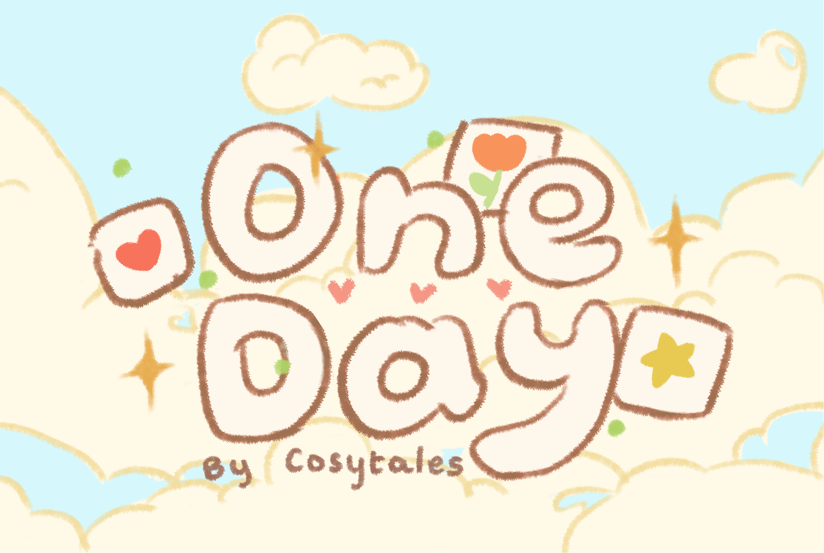 Title 'One Day' by Cosytales with decorative elements on a light blue background which is a couple series that captures little moments of being cosy in love. Every couple has something to relate to