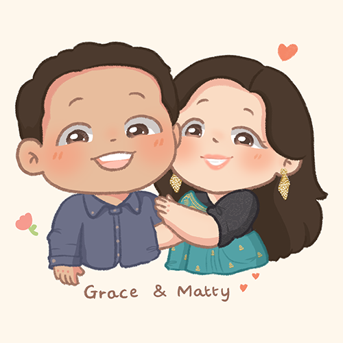 Illustration of a boy and girl hugging with names text on a cream background